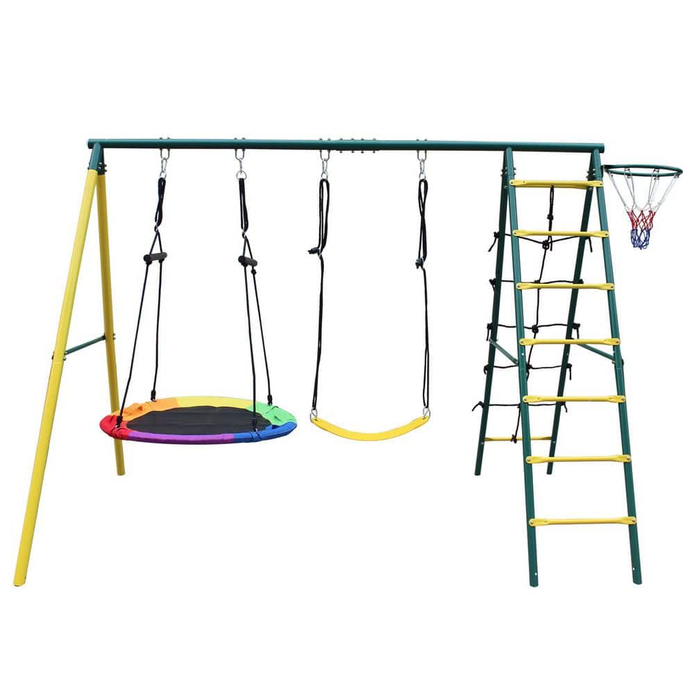 Metal Outdoor Swing Playset with Climbing Net and Basketball Hoop
