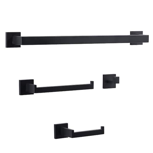 IVIGA 4-Piece Bathroom Hardware Set with Towel Bar, Robe Hook and Toilet Paper Holder in Black