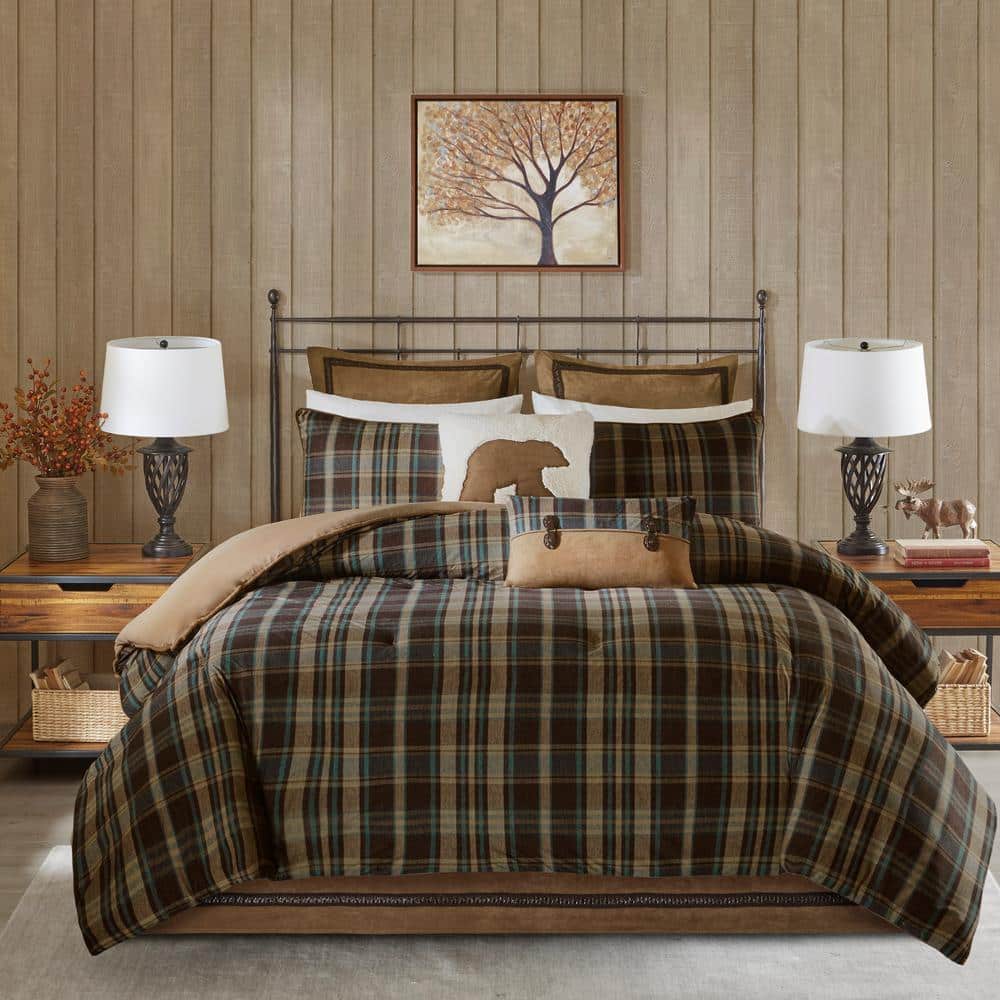Queen Brown Microfiber Down Alternative Comforter Set with Plaid Design