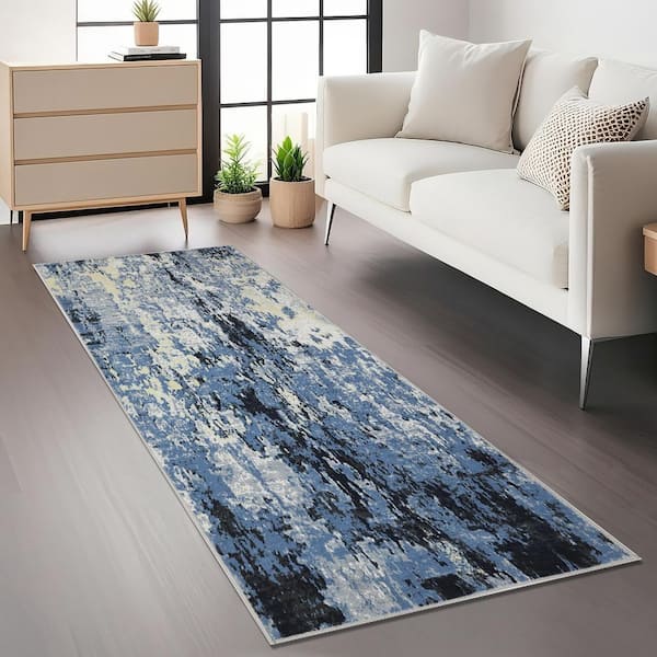 Blue 2 ft. x 6 ft. Modern Abstract Decorative Area Rug Polyester