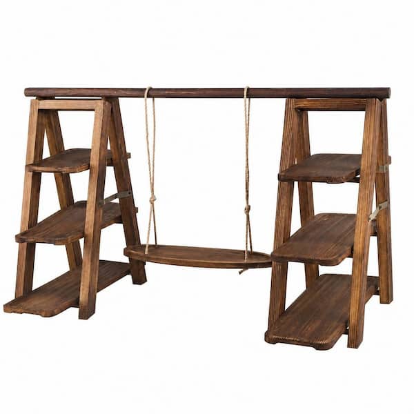 3-Tier Brown Wooden Cake Stand with Swing Decoration and Removable Tray for Serving