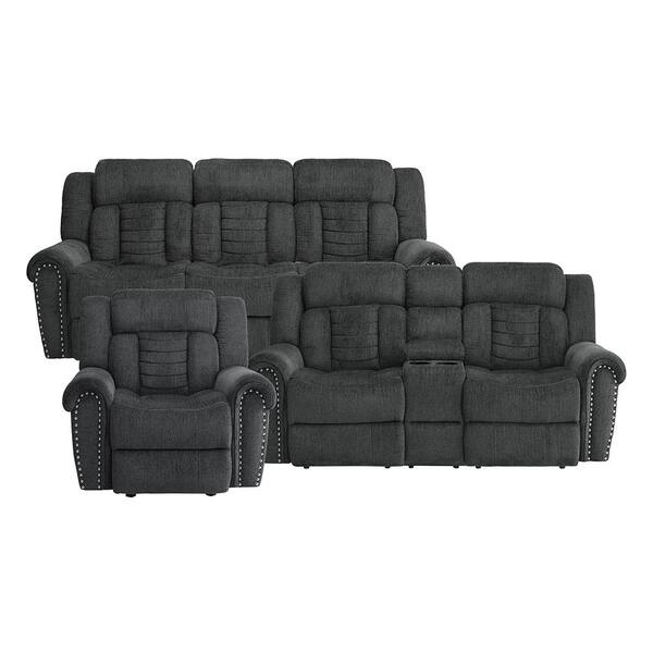 Lazzara Casoria 88 in. W. Round Arm Chenille Rectangle 3-Piece Manual Reclining Sofa Set in Charcoal Gray
