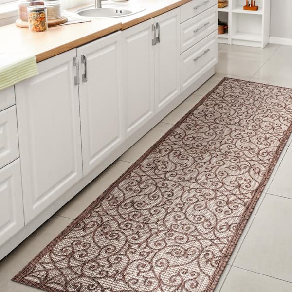 JONATHAN Y Madrid Vintage Filigree Textured Weave Taupe/Espresso 2 ft. x 10 ft. Indoor/Outdoor Runner Rug
