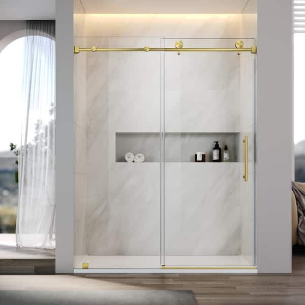 UNIKOO UKS03 60 in. W x 76 in. H Sliding Frameless Shower Door in Satin Brass with Enduro Shield 5/16 in. SGCC Clear Glass