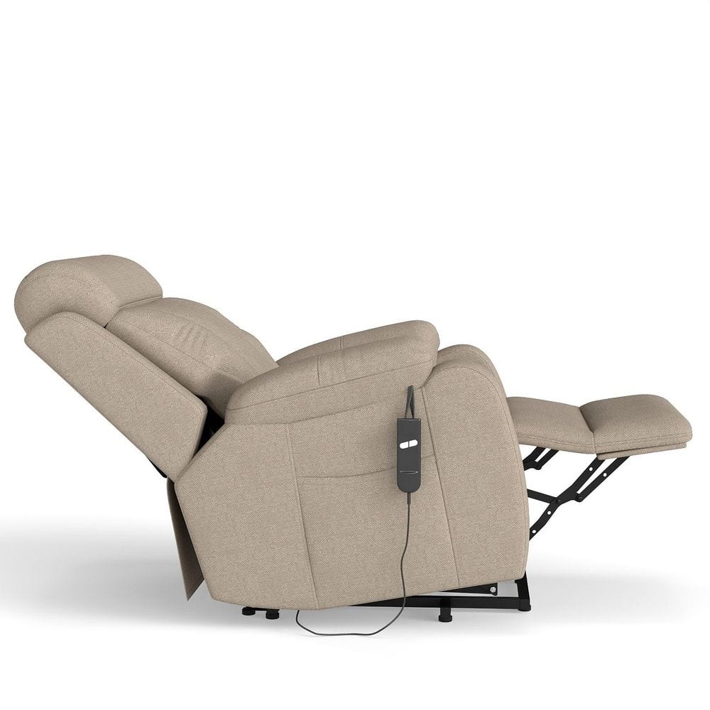 Side view of the beige power lift recliner in a fully reclined position.