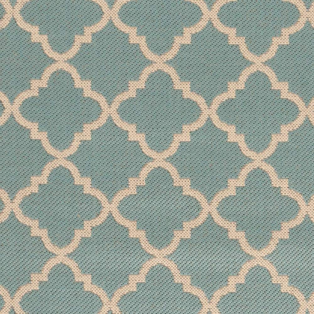Aqua and Cream Geometric Washable Round Rug