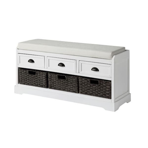 URTR White Wooden Storage Bench w/ 3-Drawers, 3-Baskets and Cushion for Entryway, Hallway, 20.2 in. H x 44 in. W x 13.7 in. D
