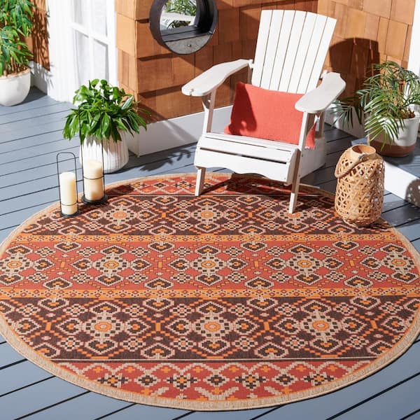 Veranda Red/Chocolate 7 ft. x 7 ft. Border Tribal Indoor/Outdoor Round Area Rug