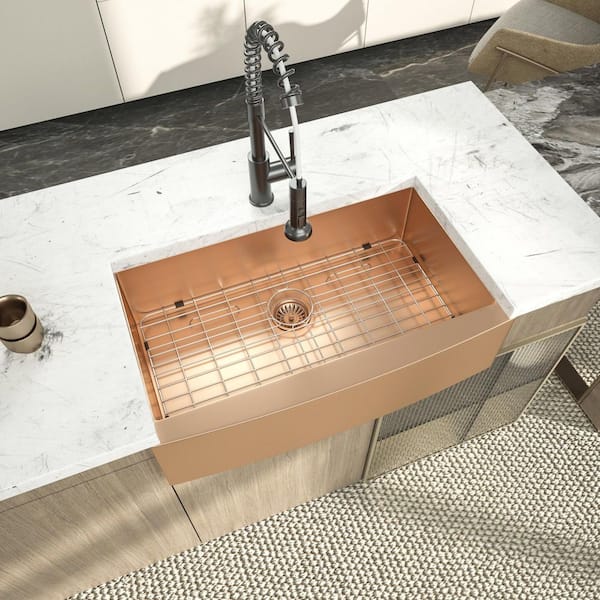 30 in. Apron-Front Farmhouse Single Bowl 16 Gauge Rose Gold Stainless Steel Kitchen Sink with Bottom Grids