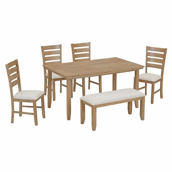 Natural Rustic Wood Dining Set with Light Gray Cushions for Dining Room, Kitchen, Patio, Indoor and Outdoor (Set of 6)