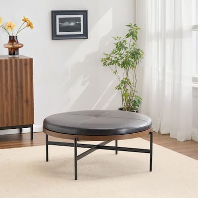 Stratum Modern Upholstered Faux Leather Round Accent Ottoman Iron Base Brown Plus Black