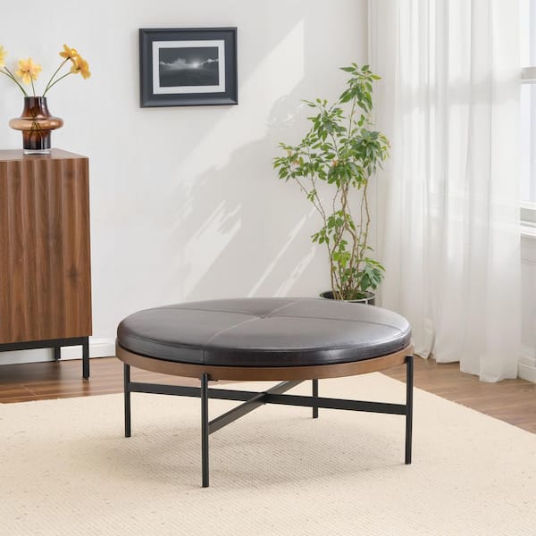 Stratum Modern Upholstered Faux Leather Round Accent Ottoman Iron Base Brown Plus Black
