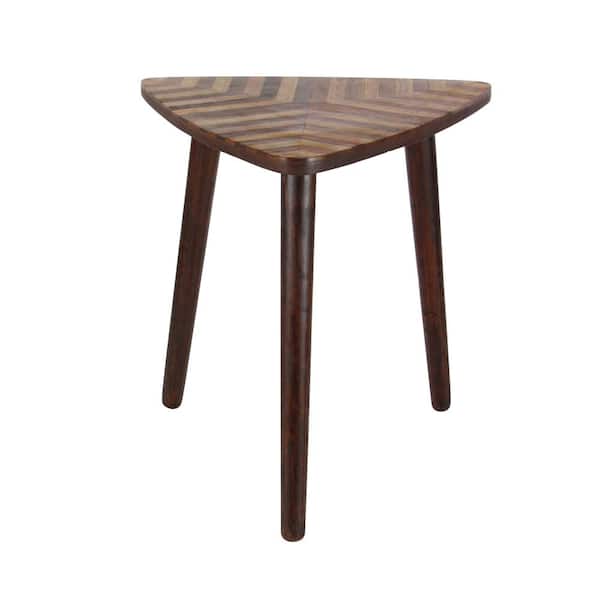 Litton Lane 21 in. Brown Handmade Large Triangle Wood End Accent Table with Wood Inlay