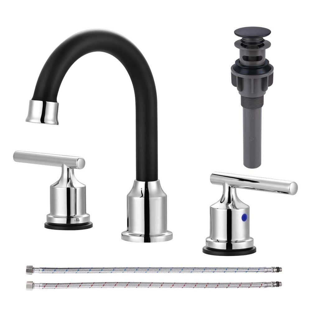 8 in. Widespread 3 Hole Double Handle Bathroom Faucet with Pop-up Drain and cUPC Water Supply Line in Chrome and Black price history on PriceWatchPro