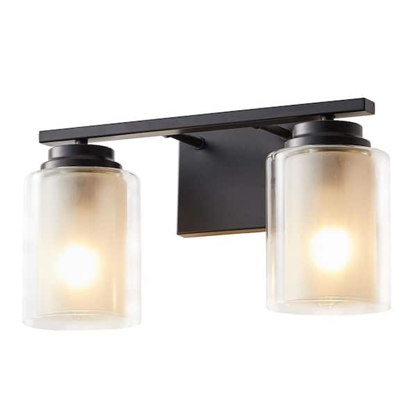 aiwen 15.4 in. 2-Light Modern Black Bathroom Vanity Light Over Mirror with Glass Shade