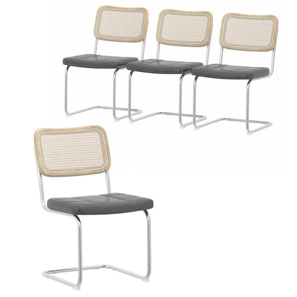 CSC DECOR INC Gray Faux Leather Upholstered Dining Chair Set of 4 with High-Density Sponge Rattan Side Chairs with Cane Back