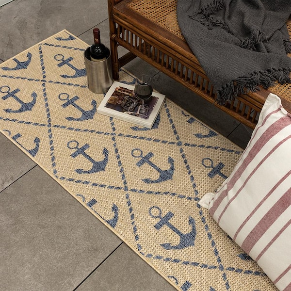 Flatweave Royal Blue Anchor 2 ft. x 7 ft. Indoor/Outdoor Runner Area Rug