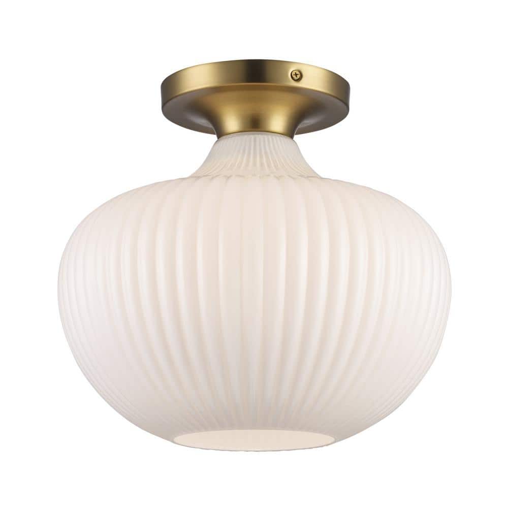 Bel Air Lighting Aristo 12 in. 1-Light Antique Gold Semi-Flush Mount Ceiling Light Fixture with White Ribbed Glass Shade -  16180 AG