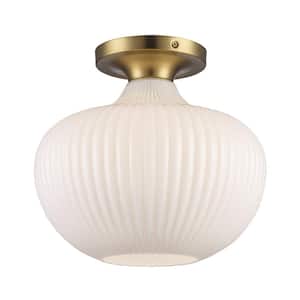 Aristo 12 in. 1-Light Antique Gold Semi-Flush Mount Ceiling Light Fixture with White Ribbed Glass Shade