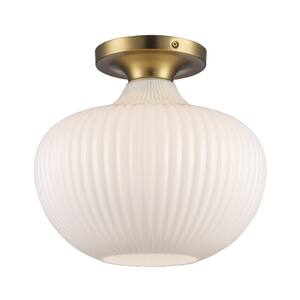 Aristo 12 in. 1-Light Antique Gold Semi-Flush Mount Kitchen Ceiling Light Fixture with Frosted Glass Shade
