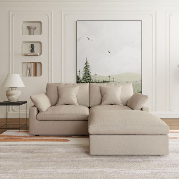 J&E Home 82.68 in. Slope Arm 3-Piece Linen Modular Free Combination Sectional Sofa with Ottoman and Covers in. Brown 2-Seater