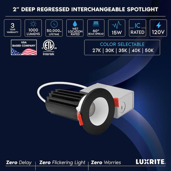 2 In. Integrated LED Recessed Canless Light with Black Interchangeable Trim, 5CCT, 1000LM, 15W, CRI80, Dimmable 6 Pack