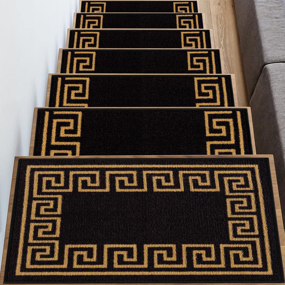Black and Gold Polyamide Stair Tread Covers with Rubber Backing, Set of 13