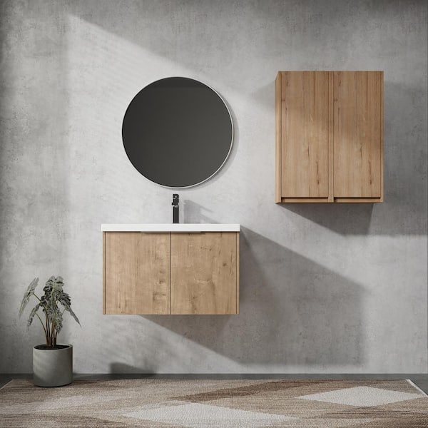 30 in. Single Sink Floating Imitative Oak Bath Vanity with White Resin Top and 2 Side Cabinets Unassembled