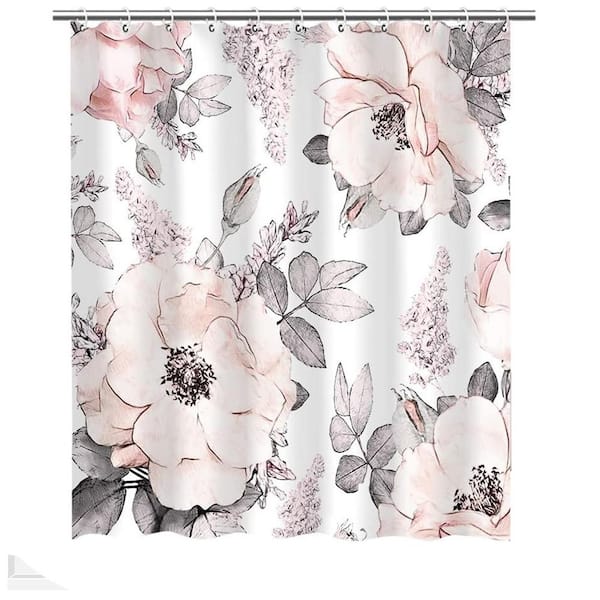 Pink Gray Flower Watercolor Floral Shower Curtain with Hooks White Grey Fabric Bathroom Decor 72 W x 84 H