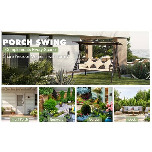 3-Person Metal Patio Swing with Beige Cushion, 2 Cup Holders