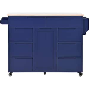 Oasis Dark Blue Wood 53.15 in. Kitchen Island with Rubber Wood Countertop, 8 Handle-Free Drawers