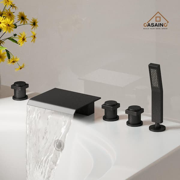 3-Handle Deck Mount Roman Tub Faucet with Stainless Steel Hand Shower in Matte Black