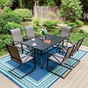 Black 7-Piece Metal Patio Outdoor Dining Set with Slat Rectangle Table and Textilene C-Spring Chairs