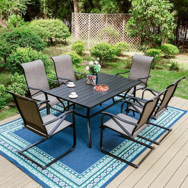PHI VILLA Black 7-Piece Metal Outdoor Patio Dining Set with Rectangle Table and C-Spring Textilene Chairs