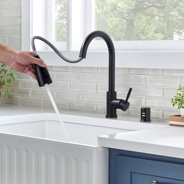 Single Handle Pull Down Sprayer Kitchen Faucet with 3-Mode Sprayer and Air Gap Kit in Matte Black