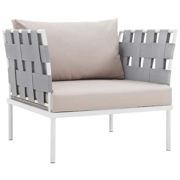 MODWAY Harmony Aluminum Outdoor Patio Lounge Chair in White with Beige Cushions