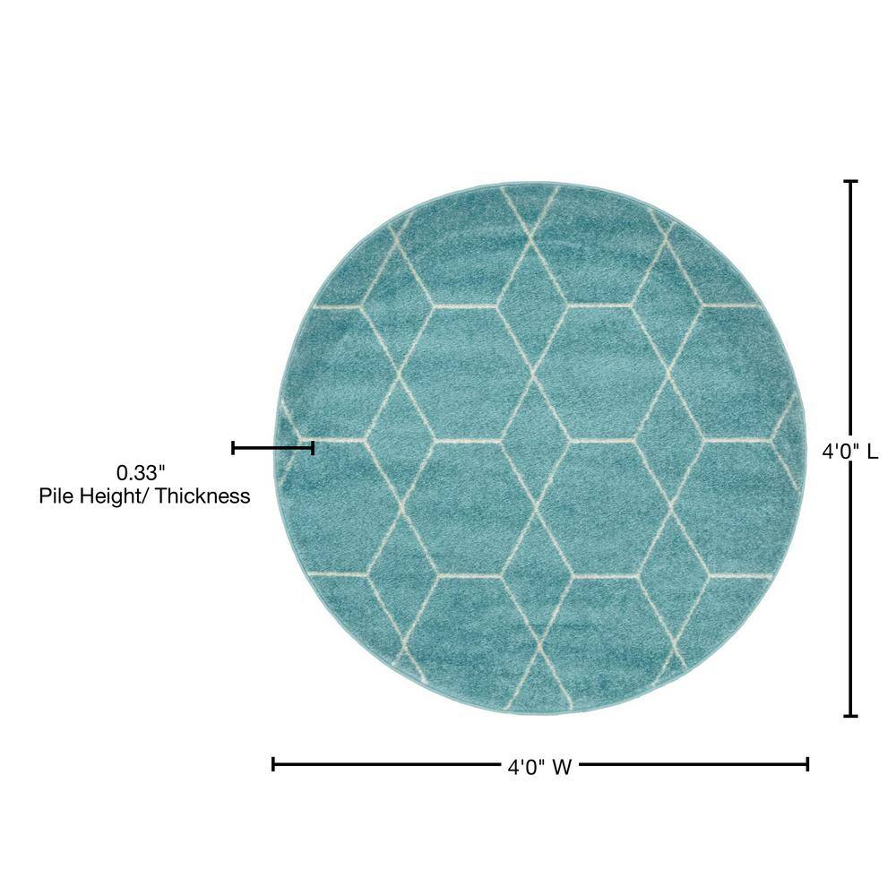 Light Blue Round Synthetic Trellis Easy Care Rug