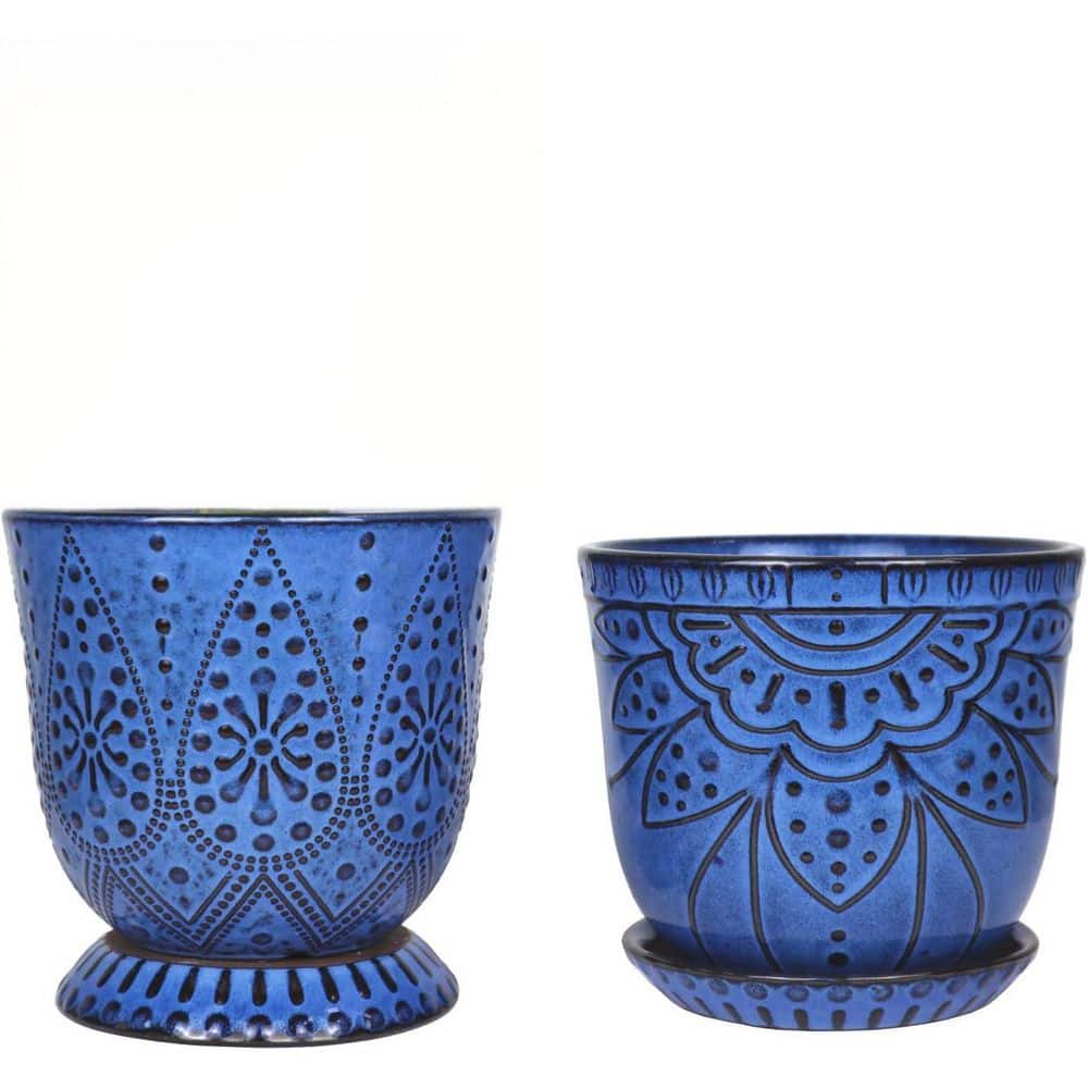 2-Set, 1.5 Qt. Beaded Ceramic Planter with Drainage Hole and Saucer (6.0 in. W x 5.5 in. H), Indoor-Outdoor, Blue price history on PriceWatchPro