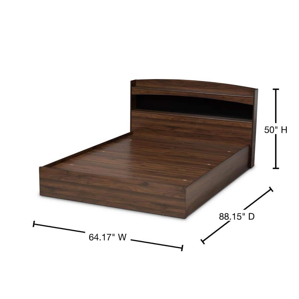 Christopher Queen Walnut Wood Platform Bed with Shelves