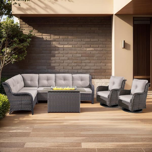 Arcline 5-Piece Brown Wicker Fire Pit Conversation Set with Olefin Beige Cushions L-Shaped Sofa with Patio Swivel Chairs