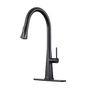 2-Spray Patterns Single Handle Pull Down Sprayer Kitchen Faucet with Deckplate and Water Supply Hoses in Matte Black