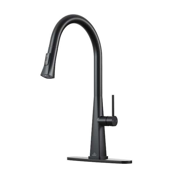 Boyel Living 2-Spray Patterns Single Handle Pull Down Sprayer Kitchen Faucet with Deckplate and Water Supply Hoses in Matte Black