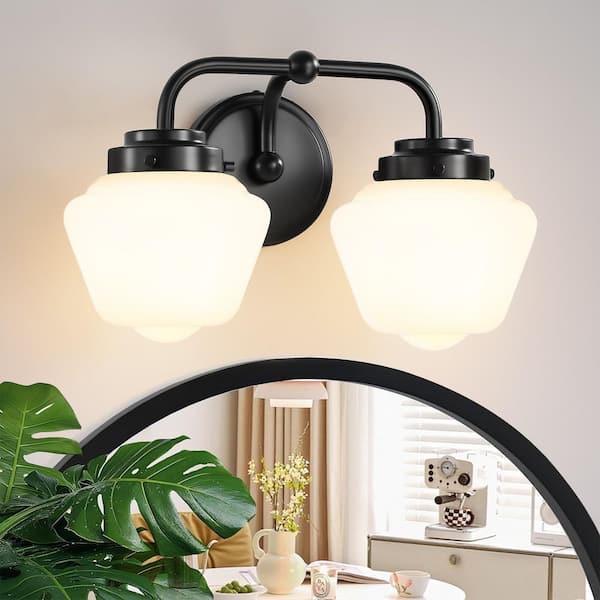 14 in. 2 Light Dimmable Wall Sconce Black Vanity Light with Globe Glass Shade For Bathroom Light Fixtures Over Mirror