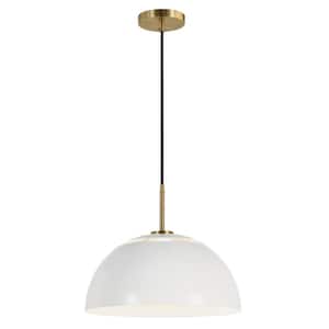 Jordyn 16 in. 1-Light Modern White and Brushed Brass Pendant with Metal Shade