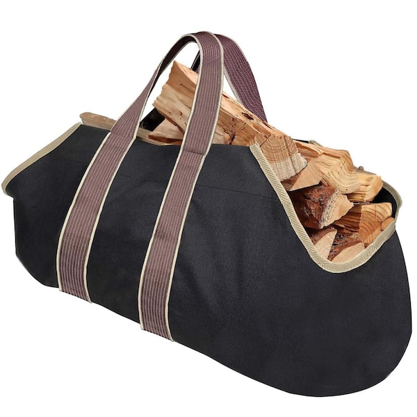 Angel Sar Black Spacious Canvas Tote Bag for Indoor Fireplace, Outdoor Woodpile Organization & Efficient Firewood Hauling