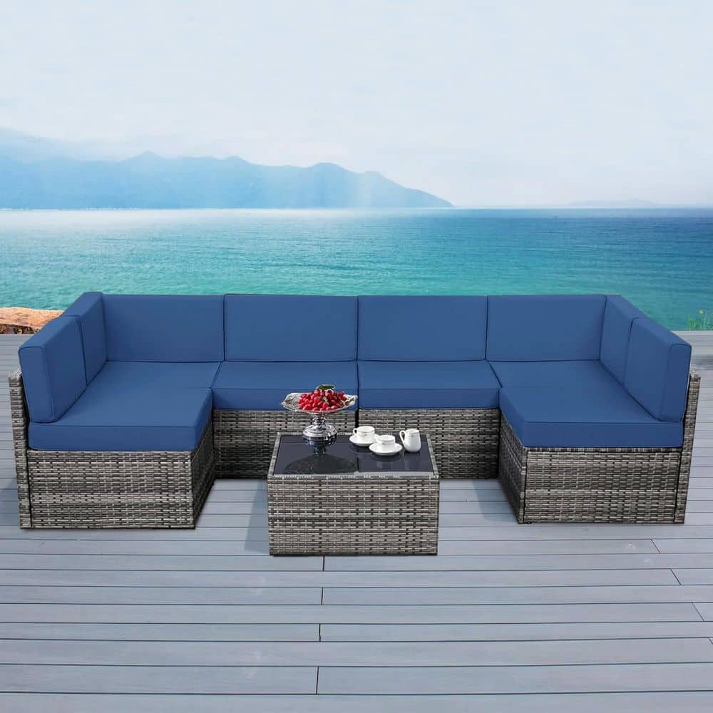 7-Piece Gray Wicker Outdoor Sofa Sectional Set Patio Seating Sets with Dark