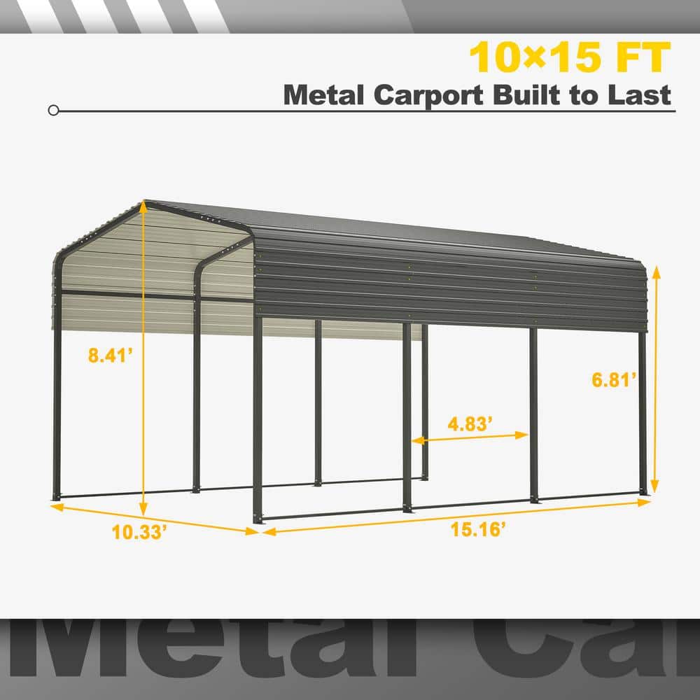 10 Ft. W x 15 Ft. D Gray Metal Carport with Peak Roof
