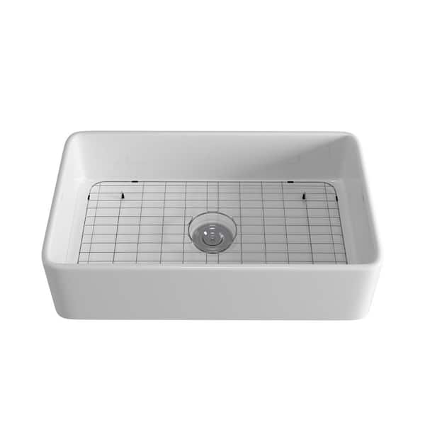 EPOWP White Ceramic 33 in. Single Bowl Corner Farmhouse Apron Workstation Kitchen Sink with Bottom Grid