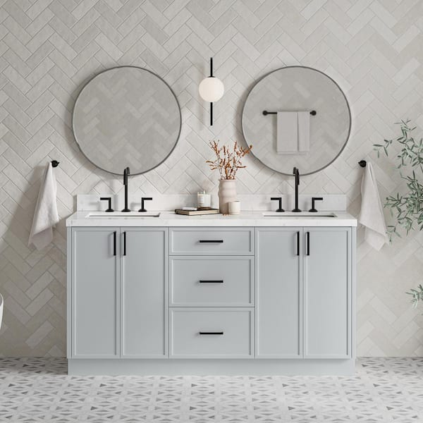 ARIEL Kelly 66 in. W x 22 in. D x 36 in. H Double Bath Vanity in Grey with Carrara White Quartz Top