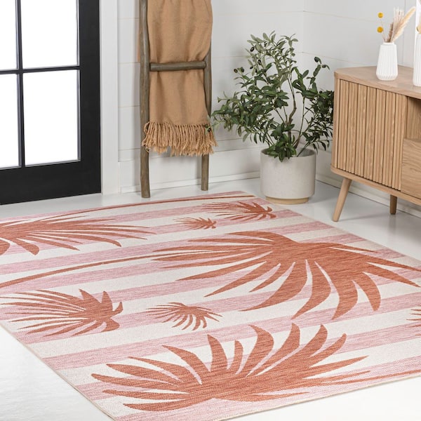 Veronica Classic Beach Stripe and Palm Leaf Pink/Cream 3 ft. x 5 ft. Indoor/Outdoor Area Rug
